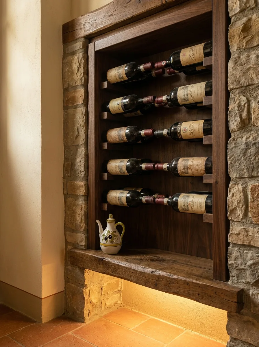 Wall-mounted wooden wine rack set into a stone alcove holding Chianti Classico bottles, with a hand-painted Italian ceramic oil cruet below.