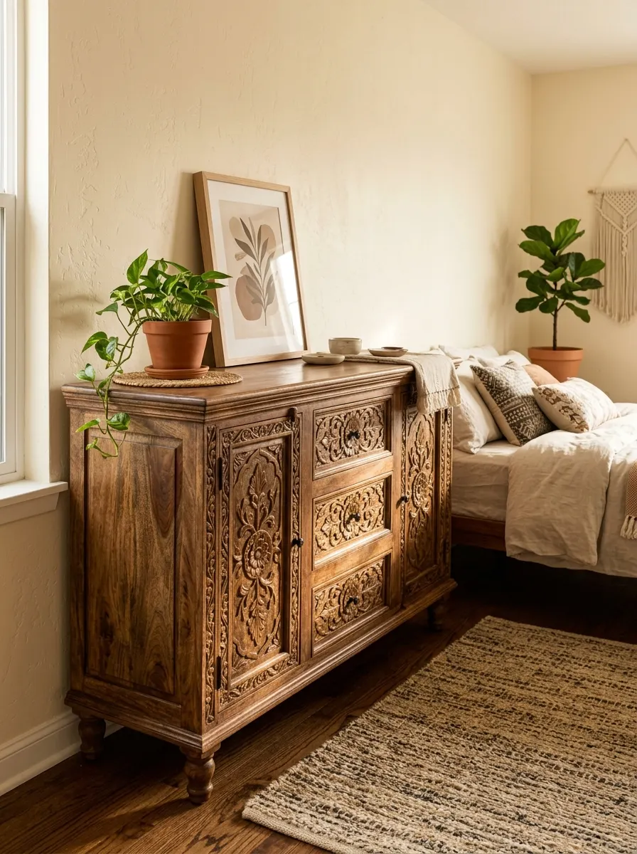 Carved wood sideboard styled with plants, framed art, and boho bedroom decor in warm neutral tones