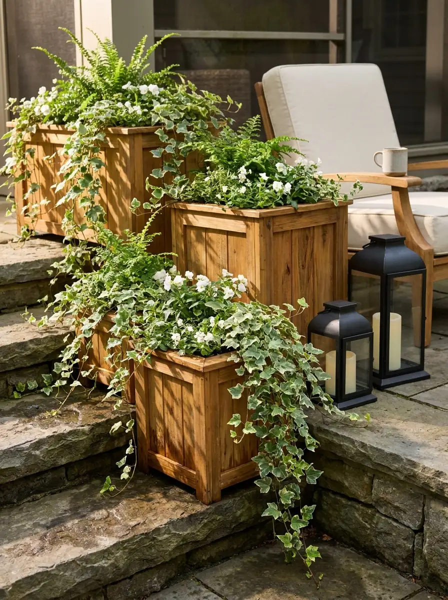 Natural cedar planter boxes overflowing with cascading ivy and white flowers placed beside stone patio steps and outdoor lanterns.