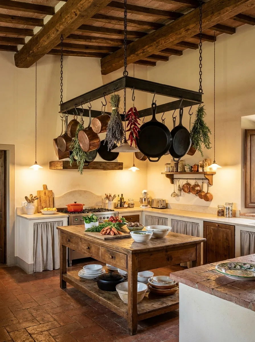 Wrought iron ceiling rack hung with copper pans, cast iron skillets, dried chillies, and herb bundles above a butcher block island.