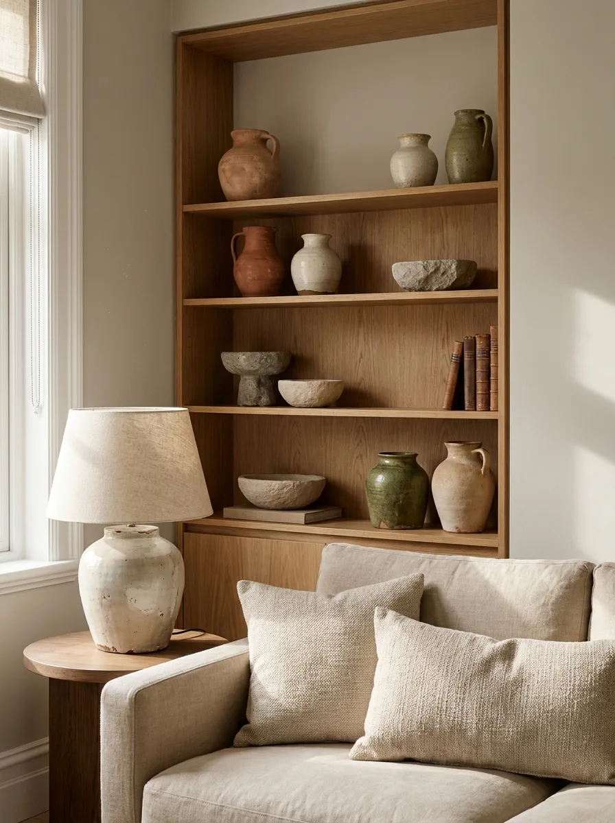 Neutral living room styling with ceramic vases, wooden shelving, beige sofa cushions, and earthy minimalist home decor