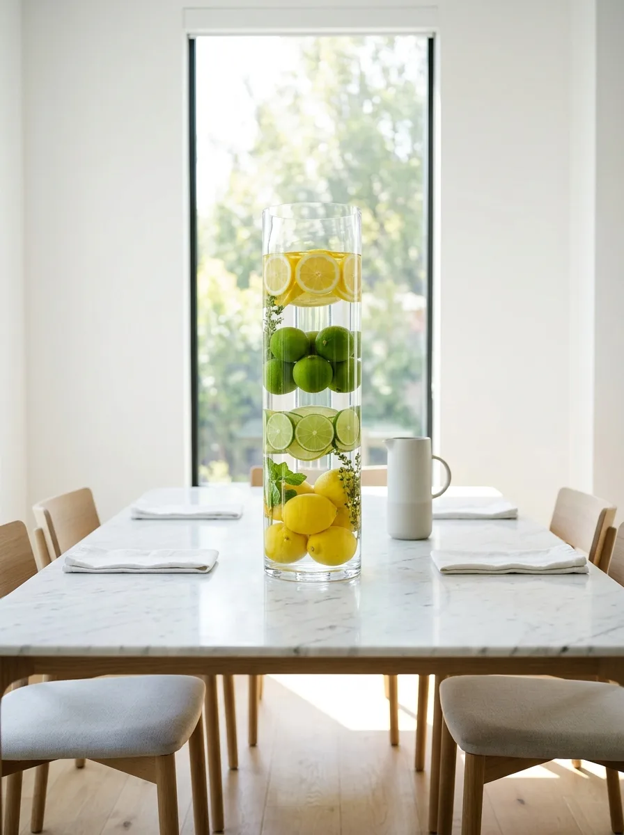 Citrus vase centerpiece with lemons, limes, and fresh herbs layered in tall glass decor for dining tables