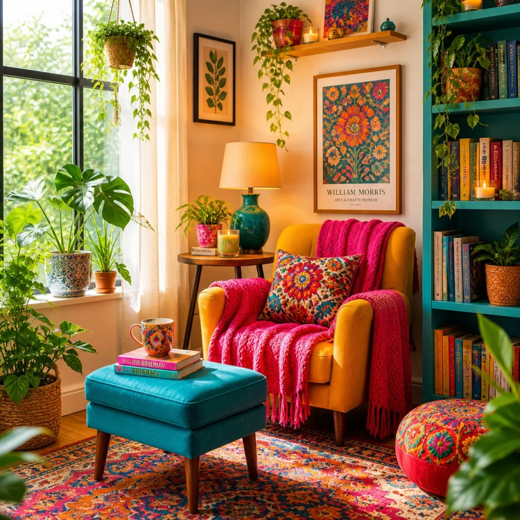 A vibrant boho reading nook with a colorful armchair, patterned cushions, indoor plants, bookshelf, warm lighting, and decorative wall art.