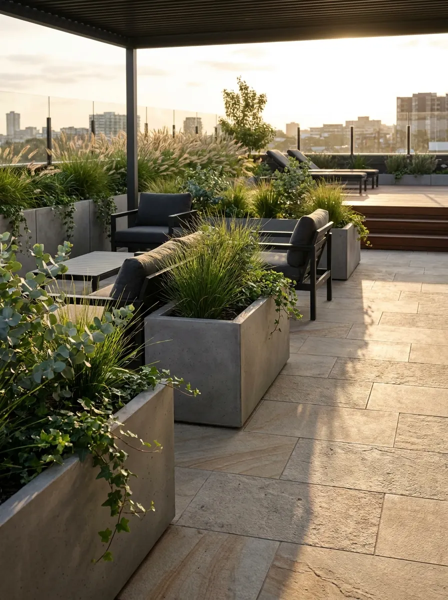 Minimalist concrete outdoor planters with ornamental grasses, eucalyptus, ivy, and greenery lining a sleek modern patio walkway.
