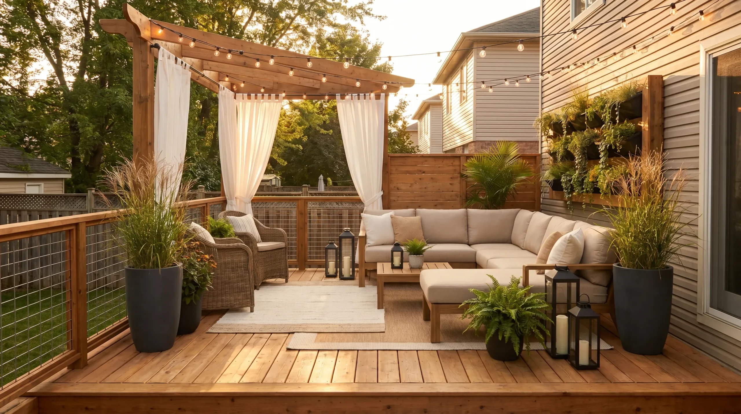 Beautiful backyard wooden deck with pergola, white outdoor curtains, cozy sectional seating, string lights, oversized planters, and modern patio decor inspiration for relaxing outdoor living spaces