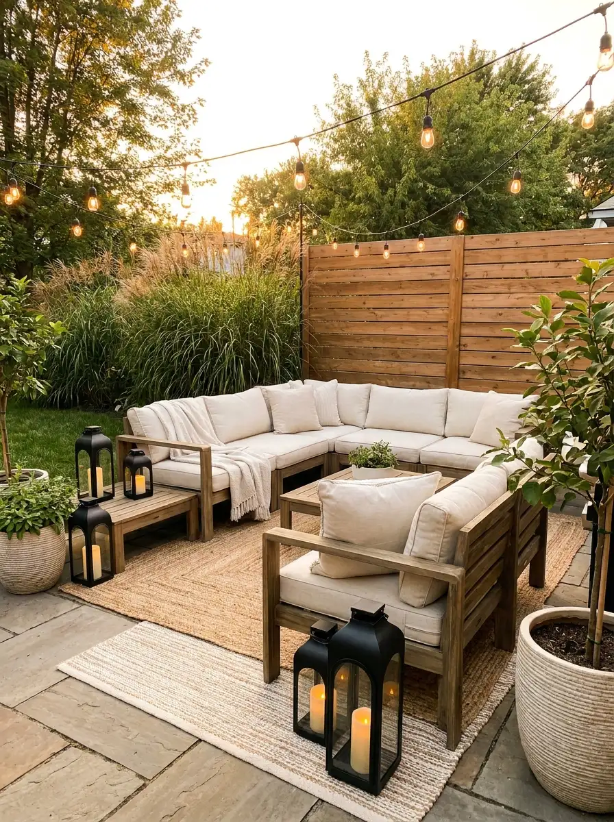 Warm and inviting backyard lounge area with sectional seating, lantern decor, string lights, and natural textures perfect for outdoor relaxation inspiration