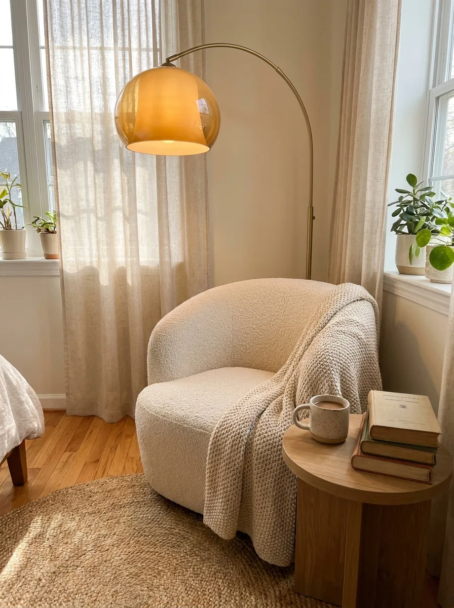 Inviting bedroom reading nook featuring a round cream boucle accent chair with a chunky knit throw, a brass arc floor lamp with an amber glass globe shade, a small round oak side table with stacked books and a speckled ceramic mug, and potted plants on the windowsill