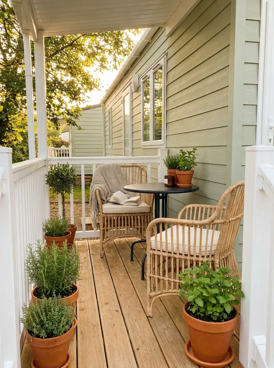 Small mobile home porch decor with wicker bistro chairs, potted herbs, wood decking, and cozy neutral outdoor styling