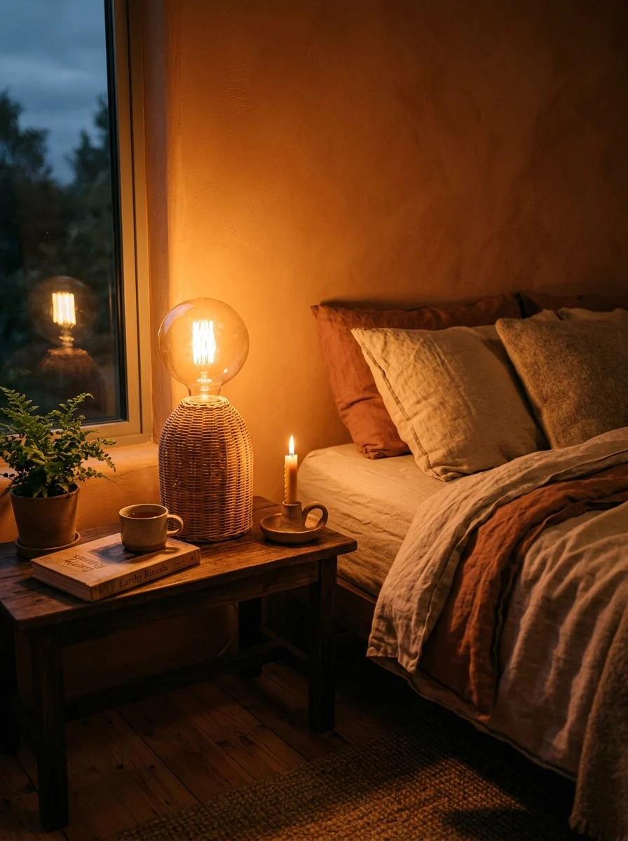 Cozy boho bedroom lighting with linen bedding, candle decor, woven lamp, and warm evening ambiance