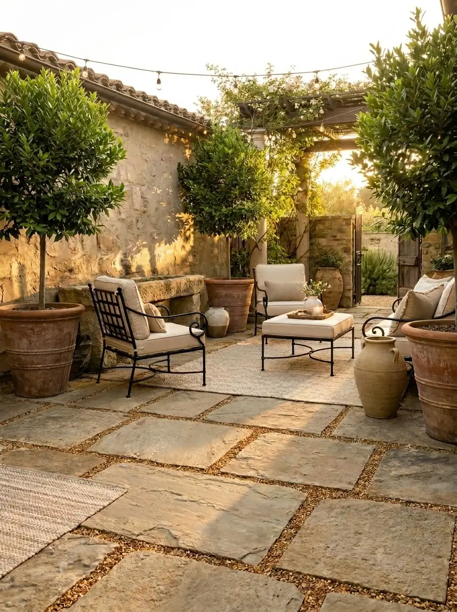 Charming stone courtyard patio with warm sunset lighting, neutral outdoor furniture, rustic planters, and Mediterranean-inspired backyard decor ideas