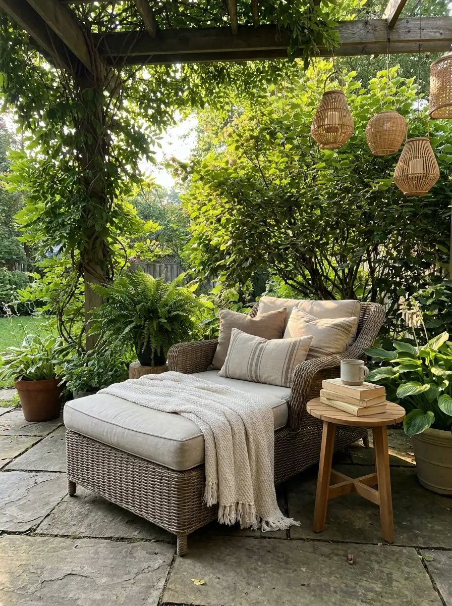 Peaceful outdoor reading nook with wicker lounge chair, soft blankets, hanging lanterns, and lush greenery creating a dreamy backyard escape