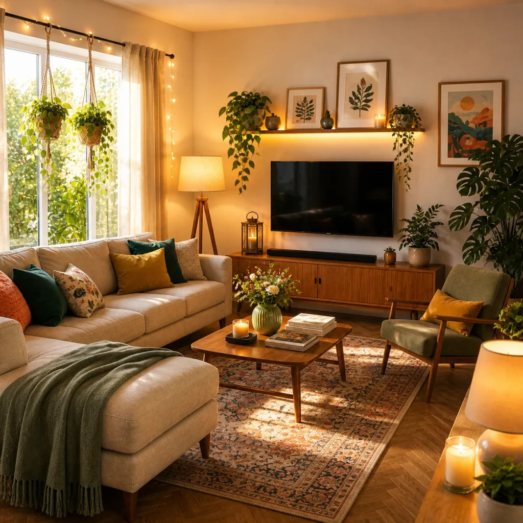A cozy living room featuring a neutral sofa, wooden coffee table, warm lighting, indoor plants, wall-mounted TV, and soft natural decor elements.
