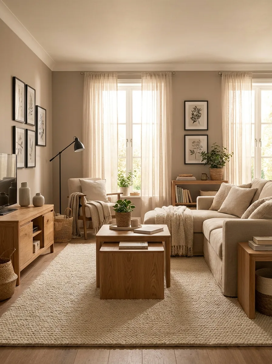 Warm neutral living room with beige sofa, wooden furniture, soft textured rug, and cozy modern farmhouse styling