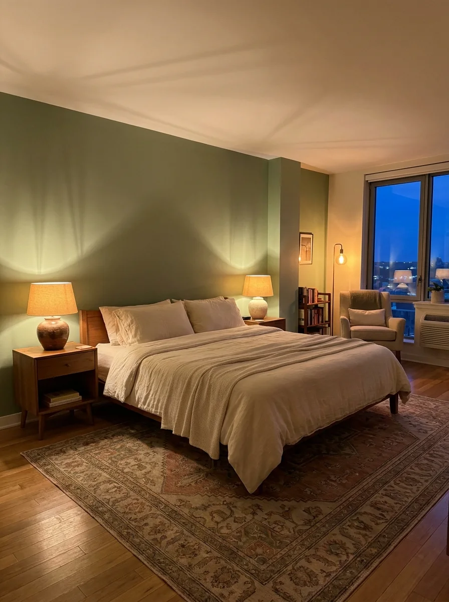 Warmly lit master bedroom at evening with a sage green accent wall, mid-century wooden bed frame and nightstands, ceramic table lamps casting golden light, a vintage Persian rug, reading chair by the window, and city lights visible outside