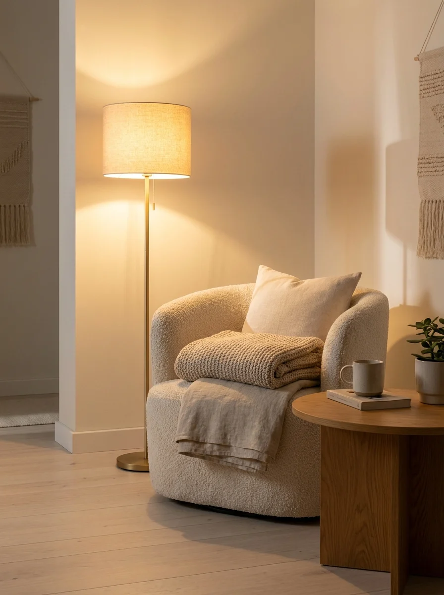 Cozy neutral living room corner with boucle chair, warm floor lamp, soft throw blanket, and minimalist Scandinavian decor