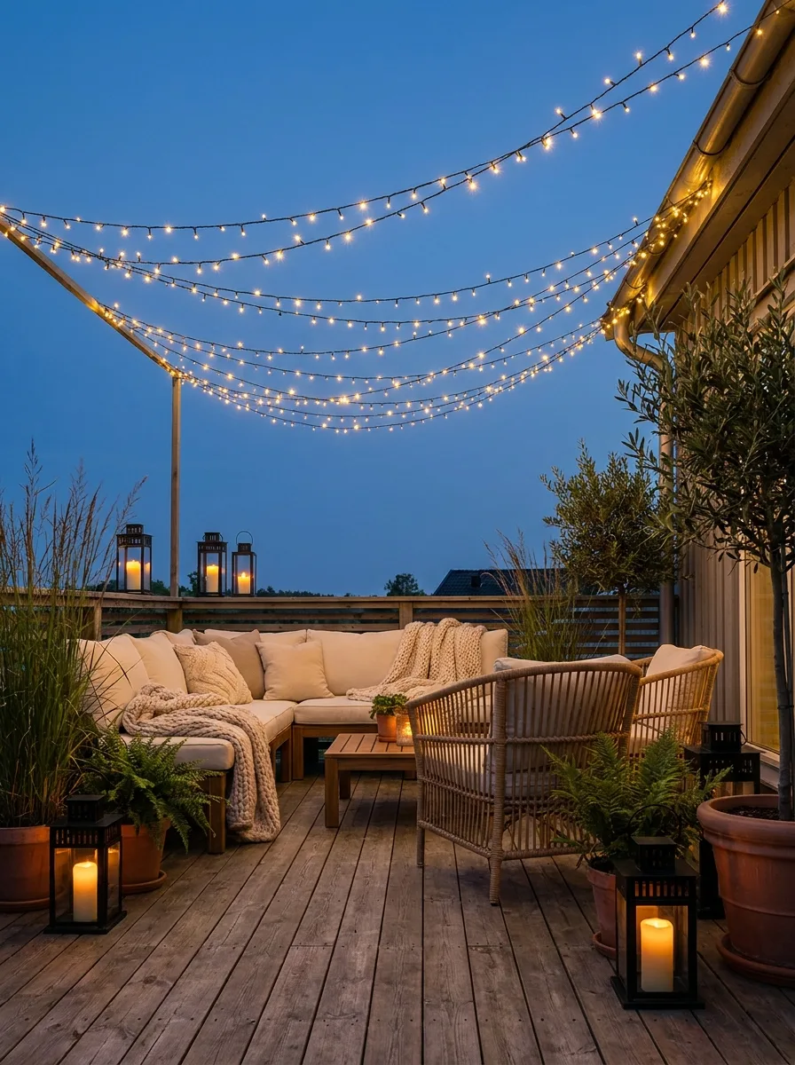 Warm outdoor deck lounge with glowing string lights, neutral seating, candles, and cozy nighttime backyard entertaining setup