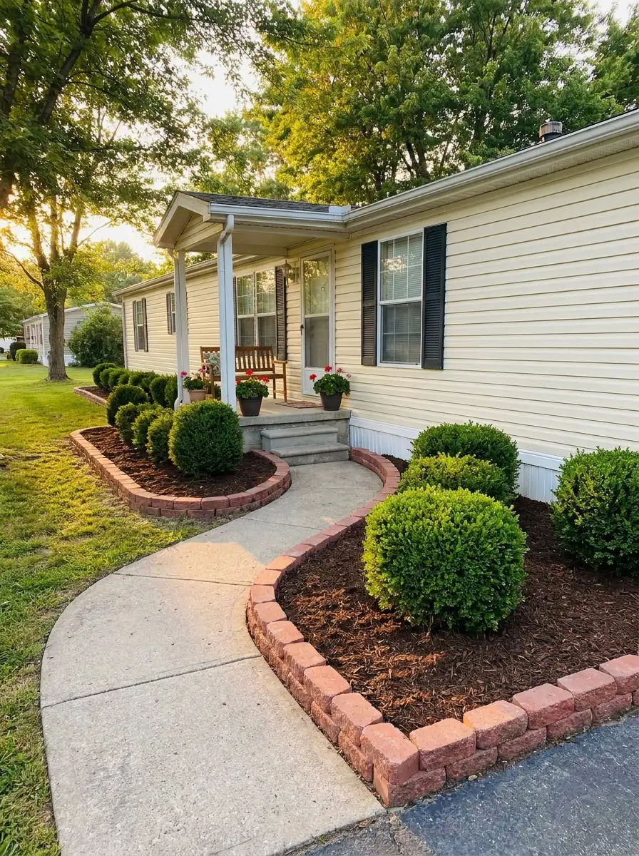 Mobile home landscaping ideas with curved concrete walkway, brick edging, manicured shrubs, mulch beds, and inviting front porch