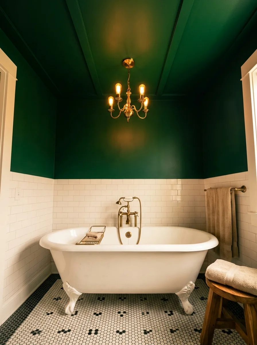 Dark green ceiling bathroom featuring vintage clawfoot tub, brass chandelier, and classic white subway tiles