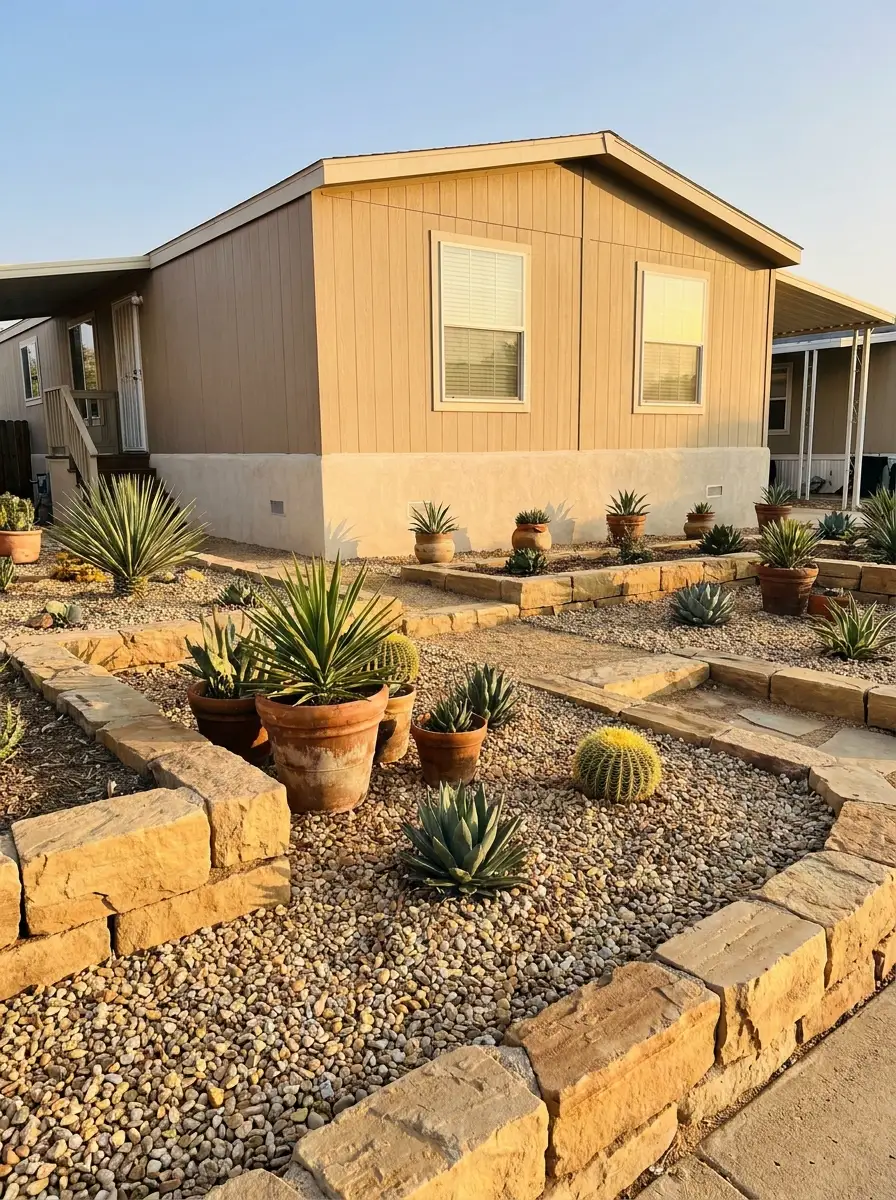 Desert style mobile home landscaping with gravel garden, succulents, stone borders, drought tolerant plants, and warm neutral exterior