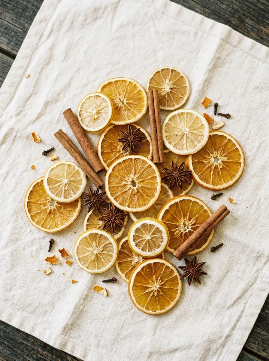 Dried citrus decor featuring lemon and orange slices with cinnamon sticks, cloves, and star anise accents