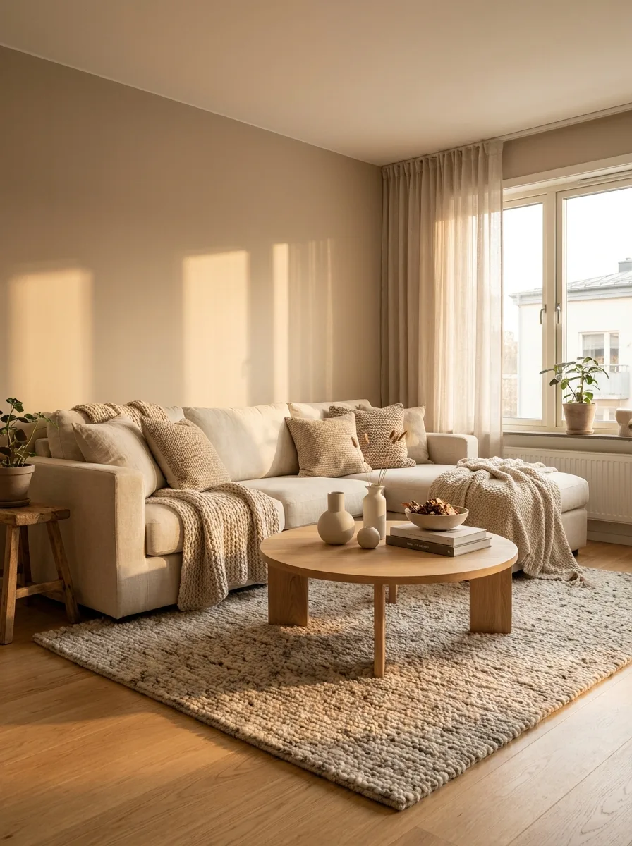 Cozy earth tone living room with beige sofa, knitted throws, round wood coffee table, and warm natural sunlight
