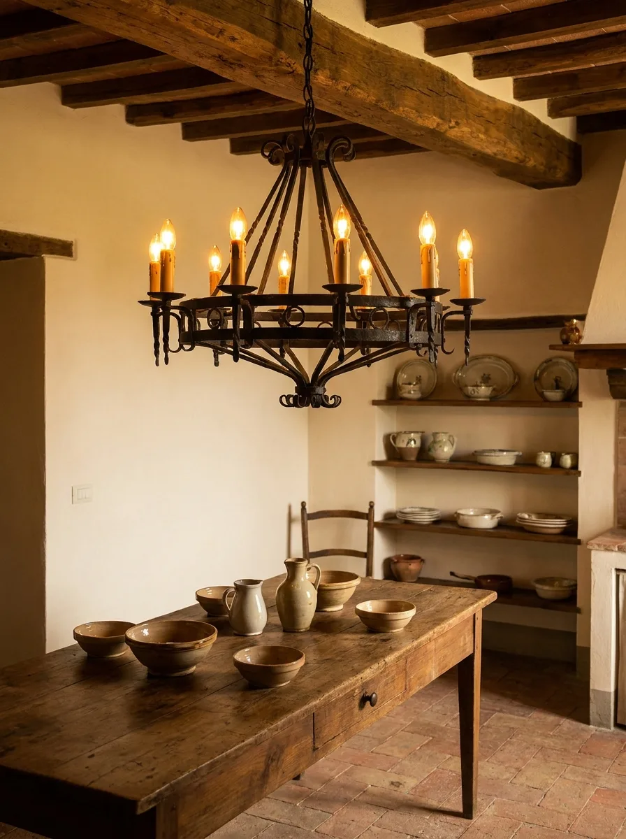 Eight-arm wrought iron candle chandelier hanging from exposed ceiling beams over a plank dining table set with rustic stoneware bowls and jugs.