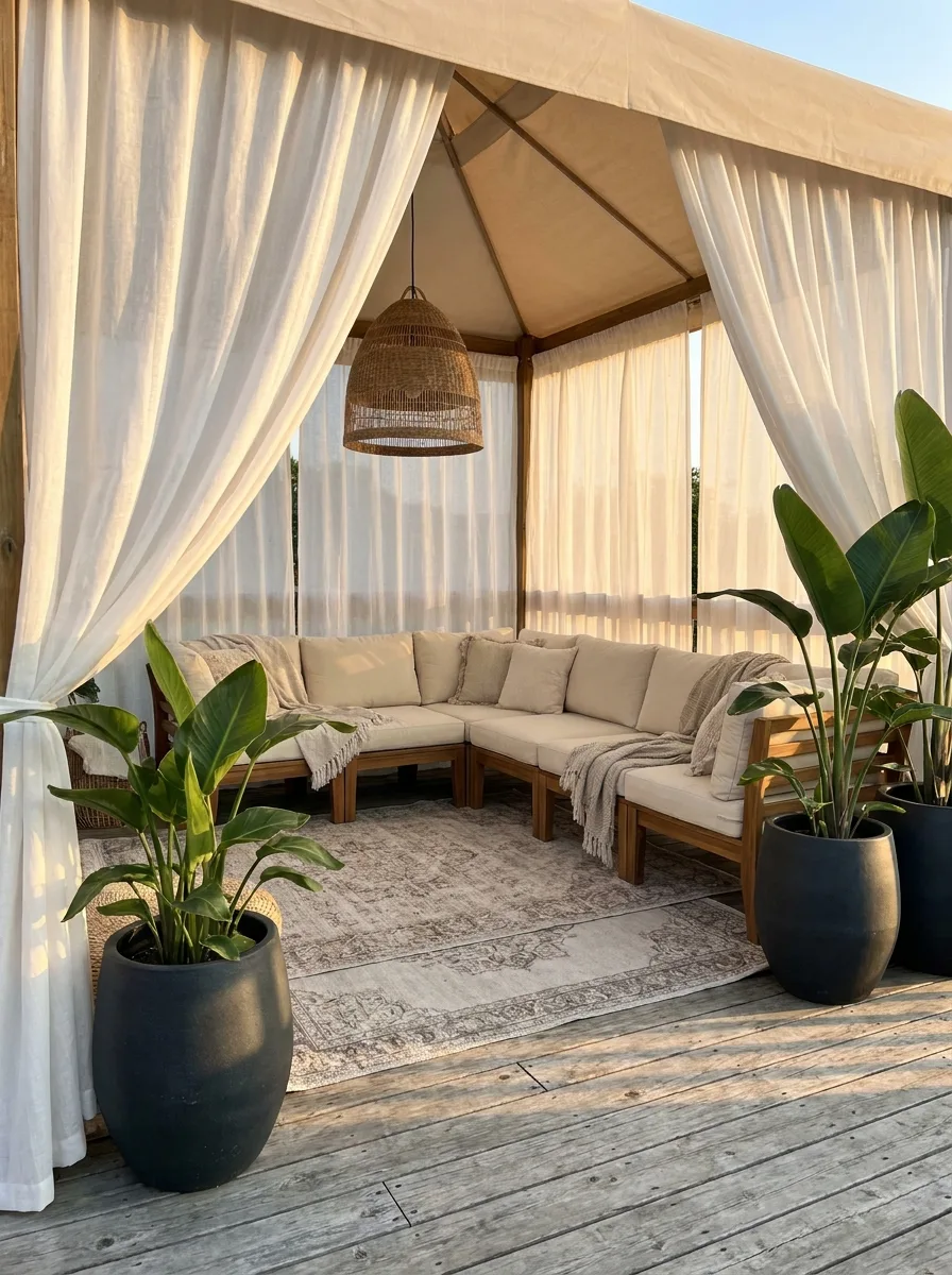 Soft neutral outdoor cabana lounge with flowing white curtains, woven pendant lighting, and cozy sectional seating on wooden deck