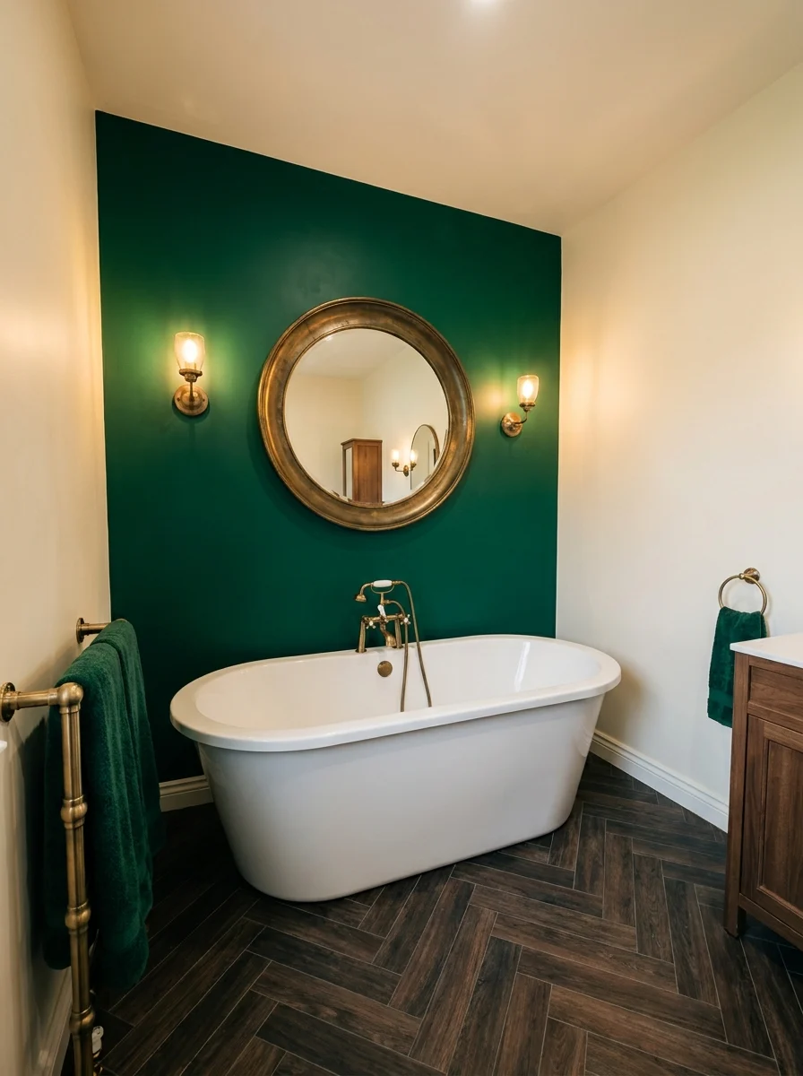 Emerald green accent wall bathroom with white freestanding tub, brass fixtures, and dark herringbone flooring