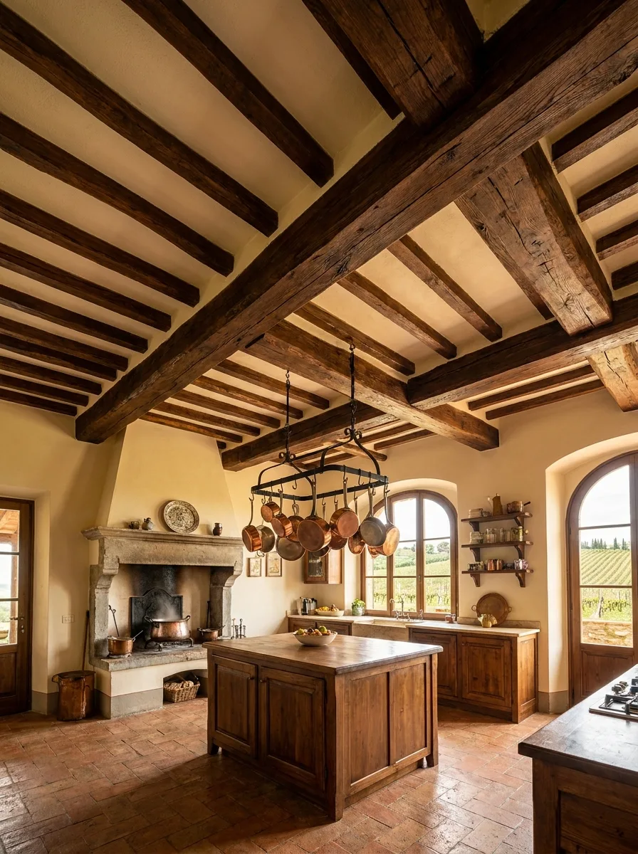 High ceiling with cross-pattern reclaimed wood beams over a Tuscan kitchen featuring a stone fireplace, copper pot rack, and vineyard views.