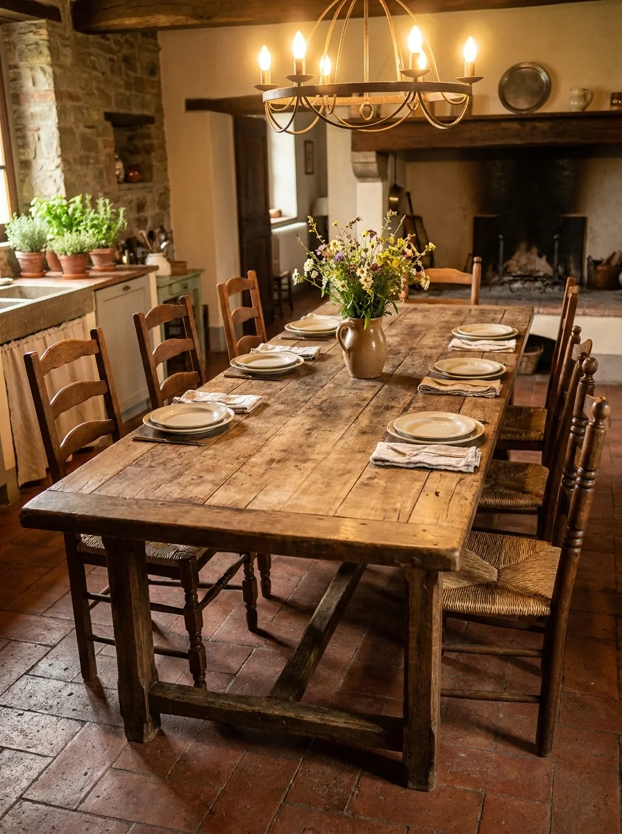Long reclaimed wood farmhouse dining table set for eight beside a stone fireplace in a rustic Tuscan kitchen with terracotta floors.