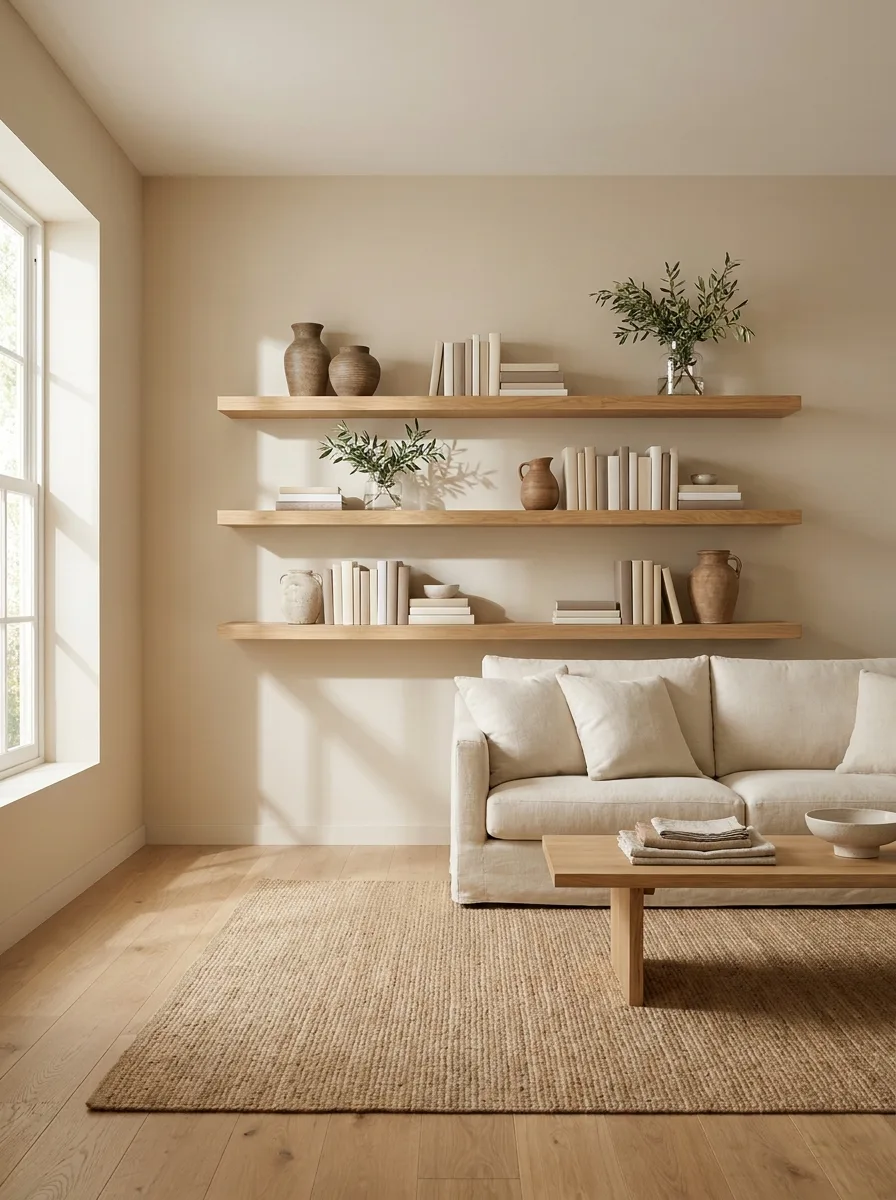 Minimalist living room with floating wooden shelves, beige sofa, woven rug, ceramic decor, and Scandinavian styling