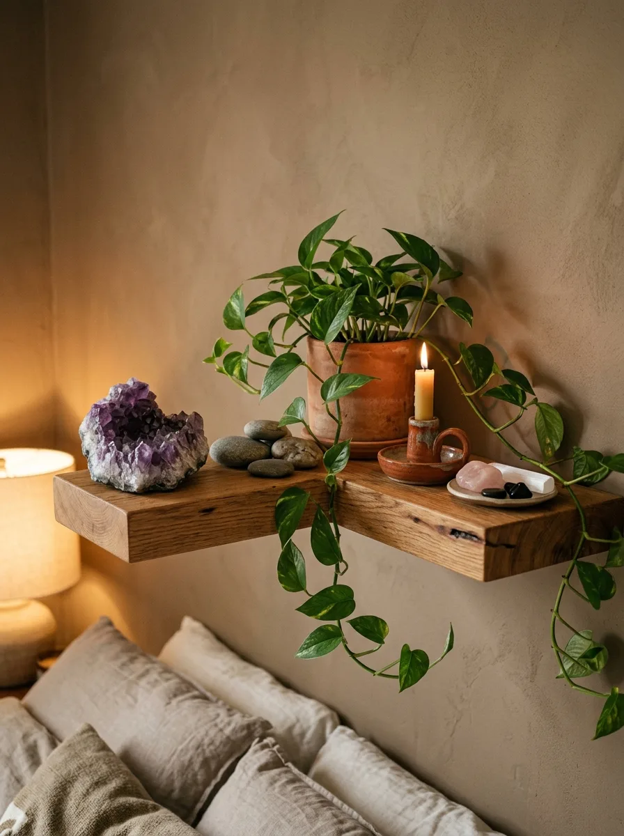 Floating wood shelf with crystals, candles, trailing plants, and earthy boho bedroom decor accessories