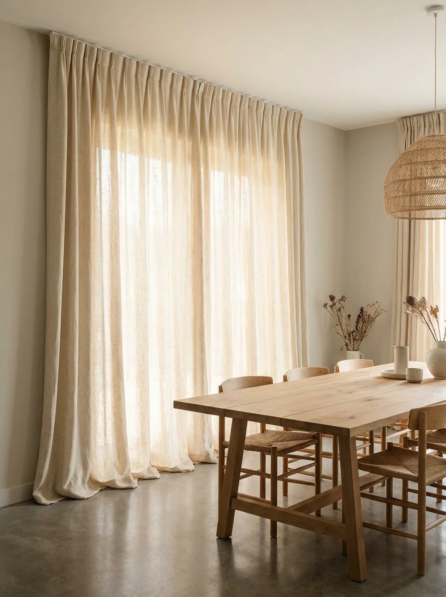 Floor-to-ceiling linen curtains filtering soft daylight into a neutral Japandi dining room with wood furniture