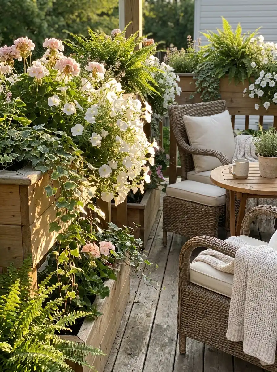 Wooden planter boxes filled with cascading ivy, petunias, and white flowers decorating a warm outdoor lounge area at sunset.
