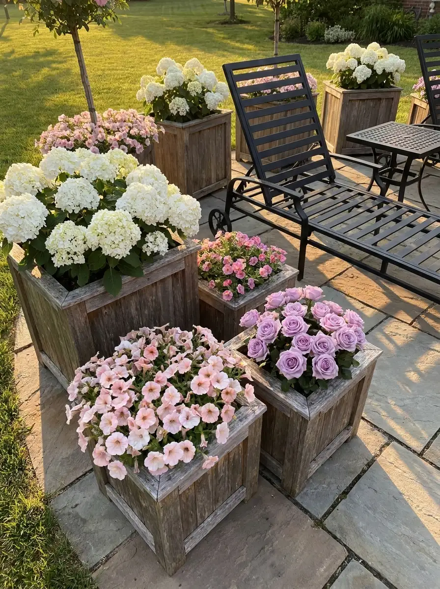 Rustic wooden planter boxes filled with hydrangeas, roses, petunias, and pink flowers arranged around outdoor lounge chairs.