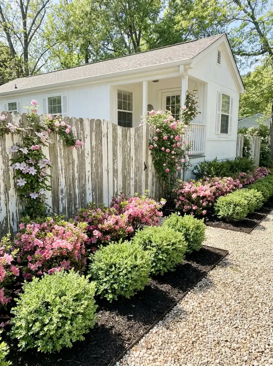 White mobile home curb appeal with flowering shrubs, climbing roses, gravel pathway, and cottage style landscaping