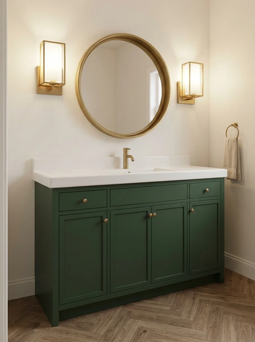 Forest green bathroom vanity with brass mirror, wall sconces, and modern sink in elegant contemporary decor