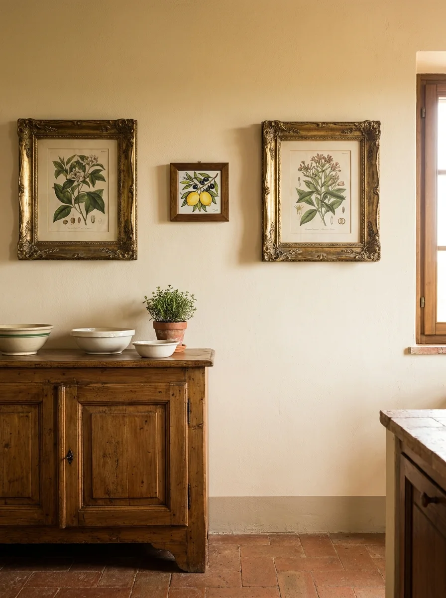Two gilt-framed botanical prints and a small olive branch tile hung above a pine sideboard on a warm plaster wall.