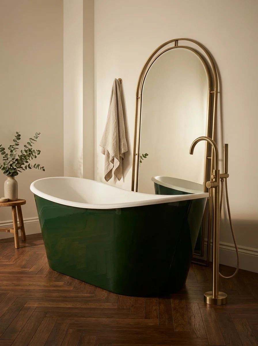 Freestanding green bathtub on dark hardwood flooring with brass floor faucet and arched mirror in luxury bathroom