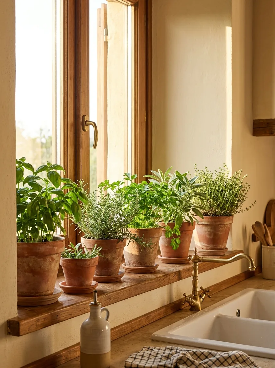 Six terracotta pots with fresh herbs including basil, rosemary, and parsley on a wooden windowsill beside a brass faucet.