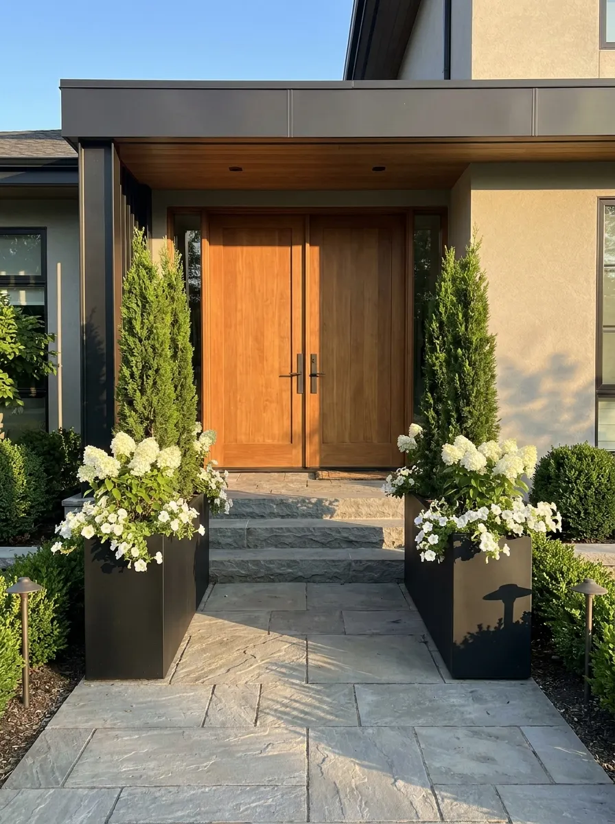Tall black planter boxes with white hydrangeas and evergreen shrubs framing a modern front entry with wooden double doors.