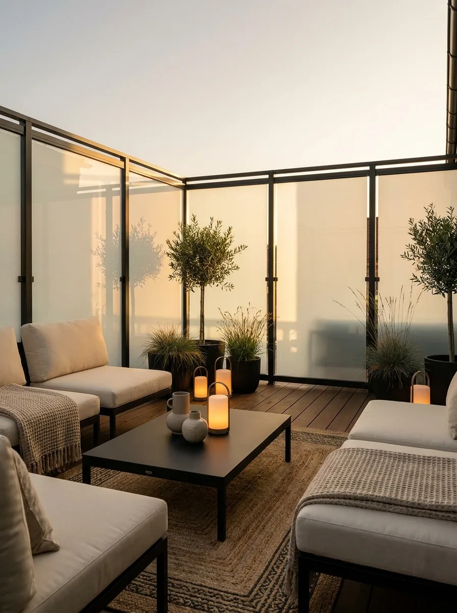 Minimal modern deck with frosted glass privacy panels, black outdoor furniture, candle lanterns, and cozy neutral patio styling