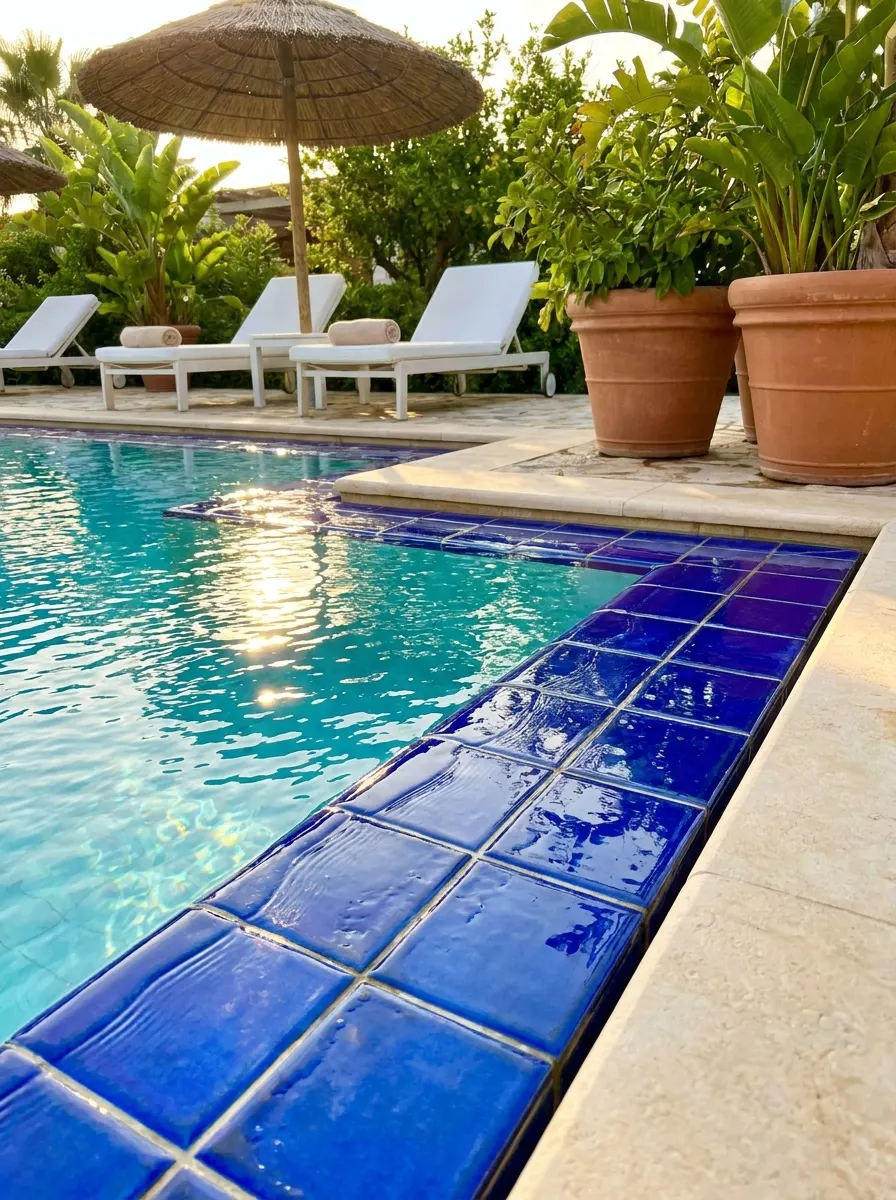 Backyard swimming pool with glossy cobalt blue tile border, tropical landscaping, white lounge chairs, and luxury resort-inspired outdoor styling