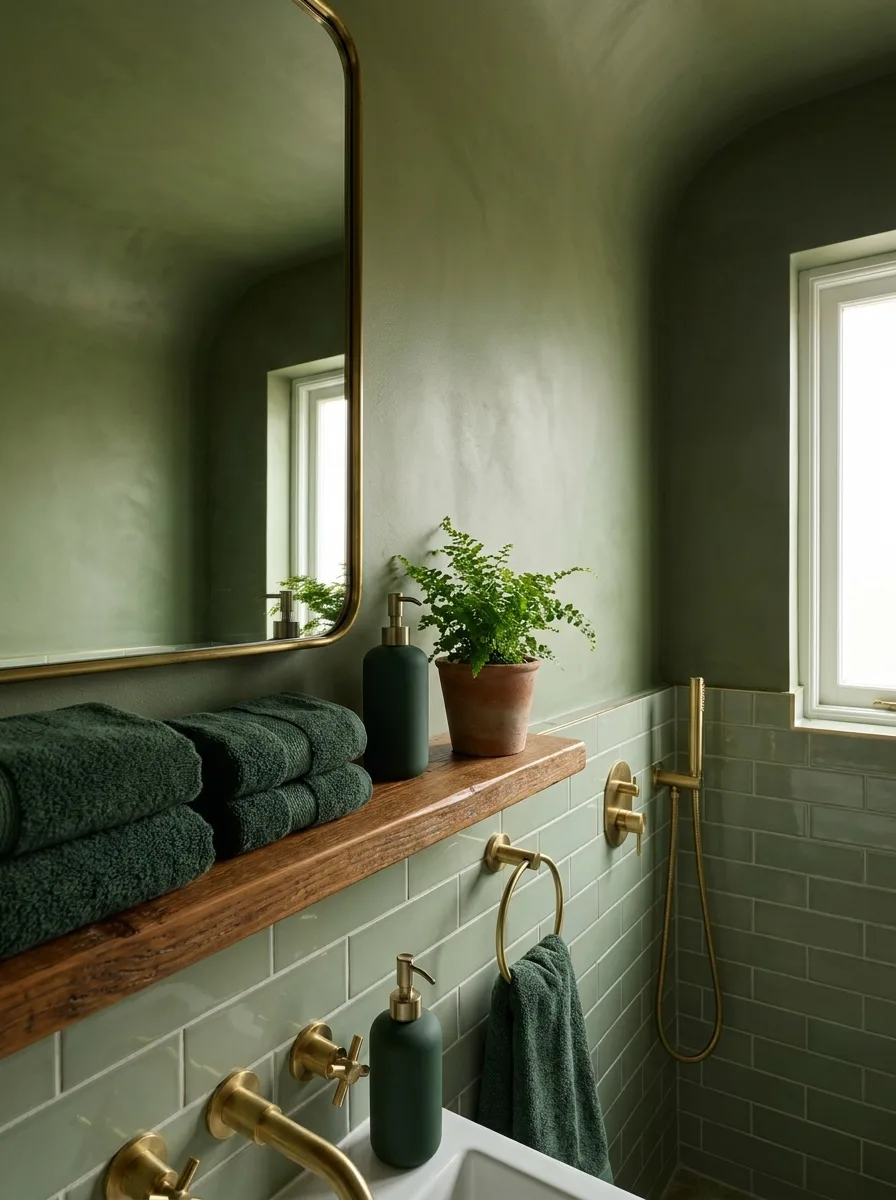 Green bathroom design with brass fixtures, subway tile walls, wood shelf, and layered earthy green color palette