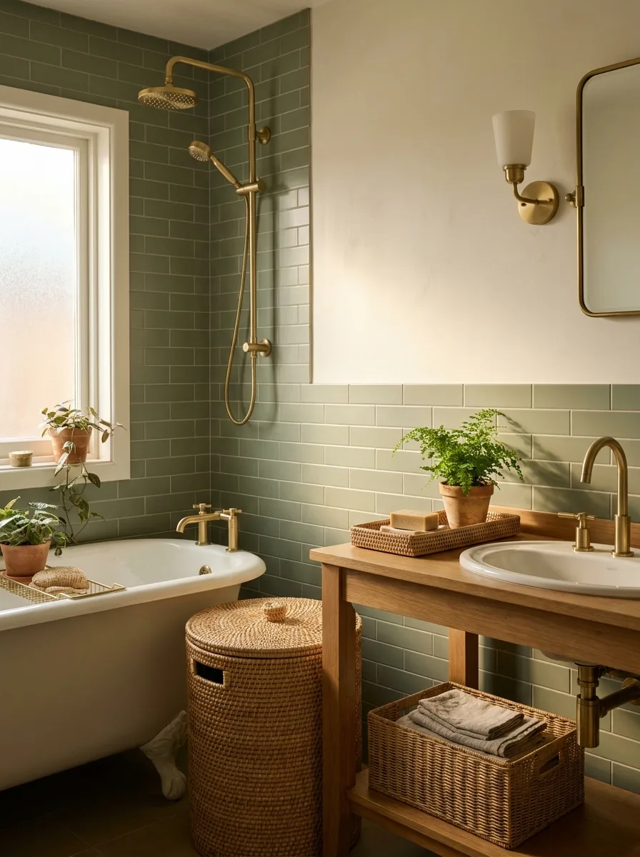 Green bathroom with sage subway tiles, wicker storage baskets, wood vanity, and brass shower fixtures