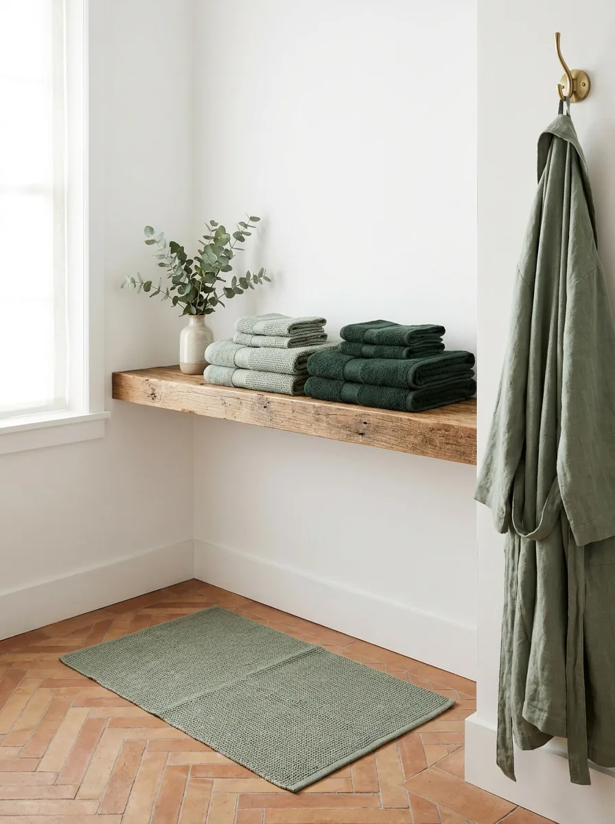 Green linen towels folded on rustic wood bathroom shelf with eucalyptus stems and soft minimalist styling