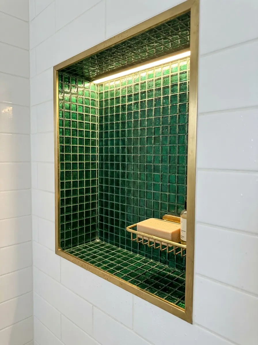 Green mosaic shower niche with brass trim, built-in lighting, and recessed soap storage in modern bathroom