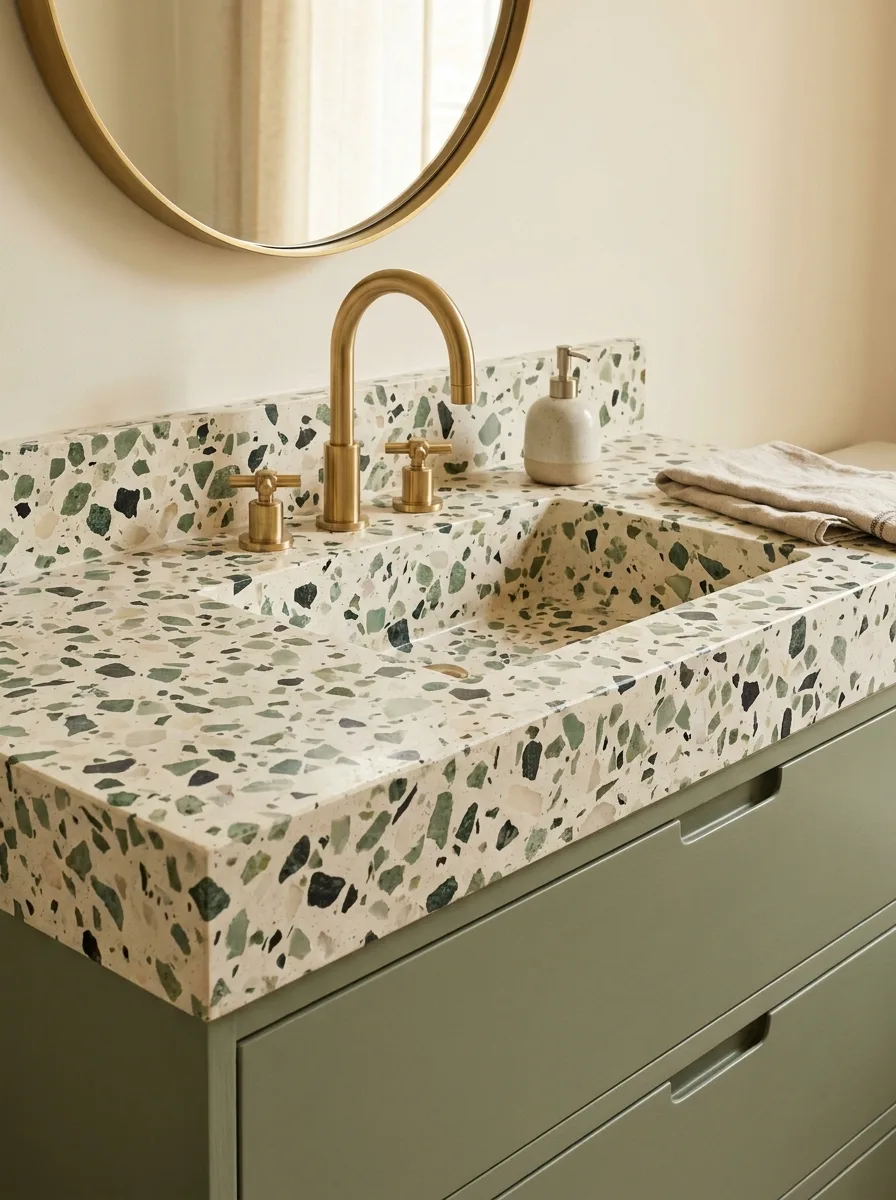 Green terrazzo bathroom vanity top with brass faucet, round mirror, and sage cabinetry in modern bathroom