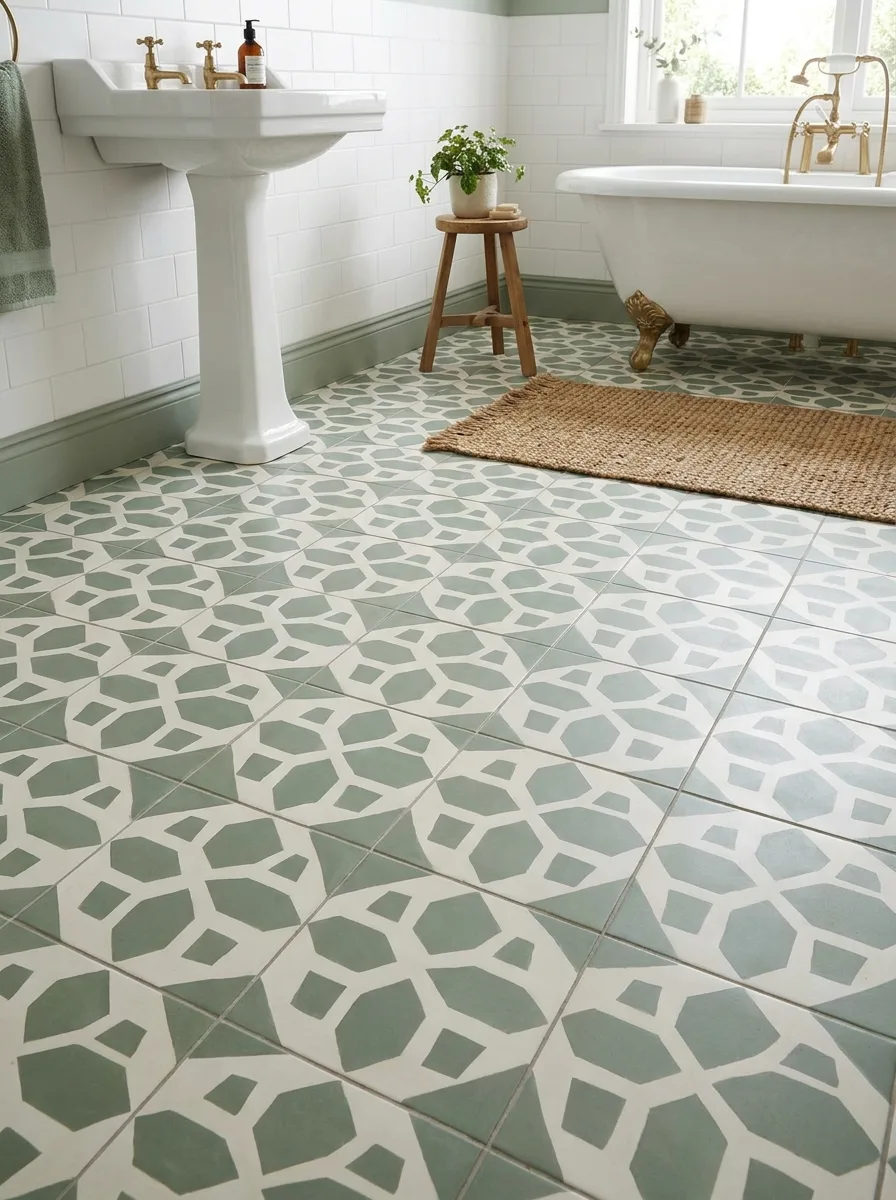 Green and white geometric bathroom floor tiles paired with clawfoot tub, pedestal sink, and woven jute rug