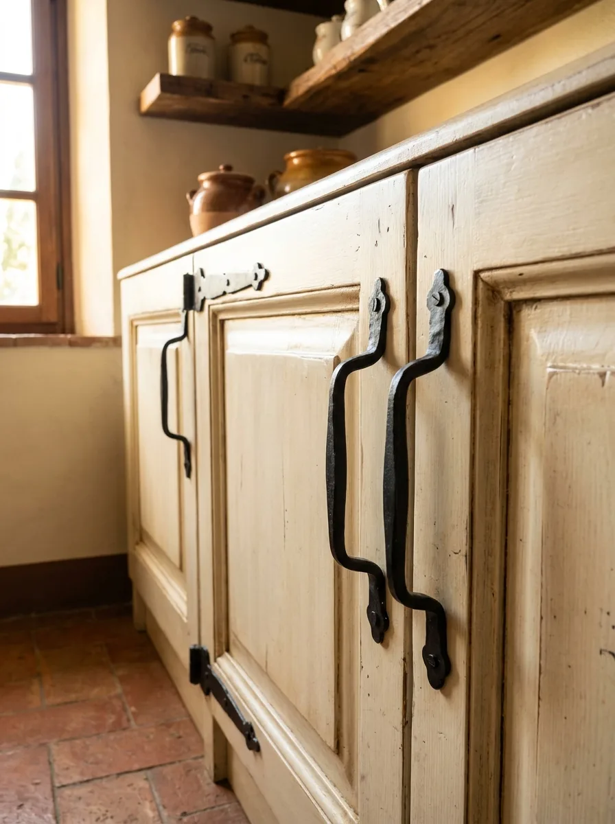 Close-up of hand-forged black wrought iron cabinet pulls on distressed cream painted wood kitchen cabinets with terracotta tile floors.